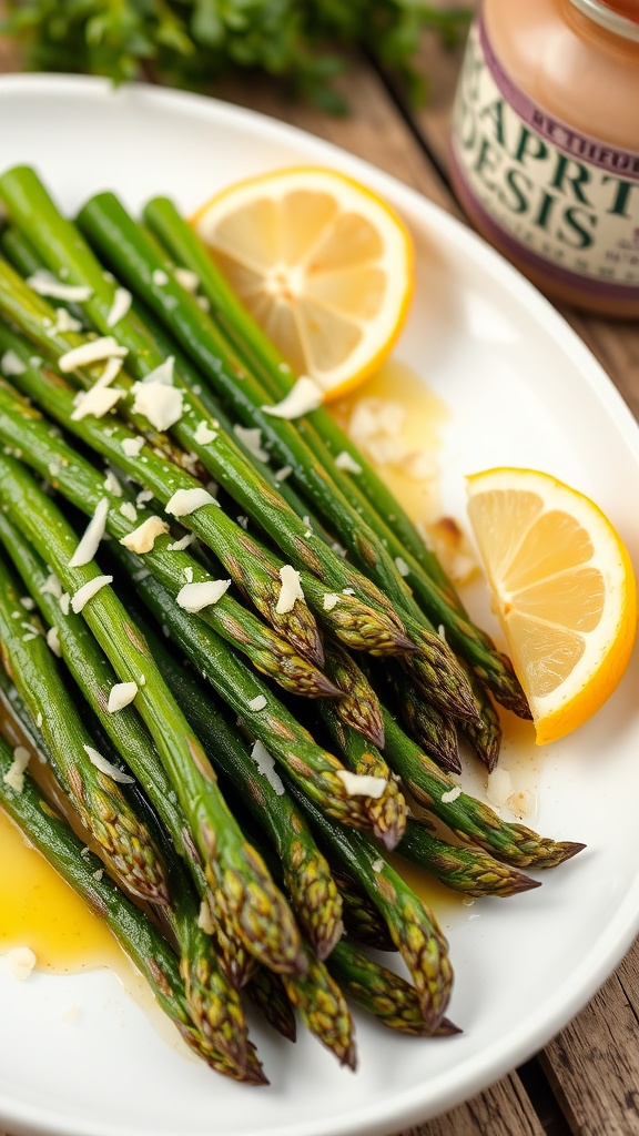 Roasted asparagus drizzled with olive oil and garnished with Parmesan cheese and lemon on a wooden table.